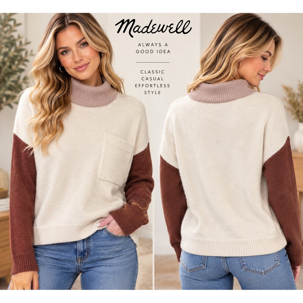 Madewell Womens Colorblock Mock Neck Pocket Pullover Sweater Cream Brown Pink M